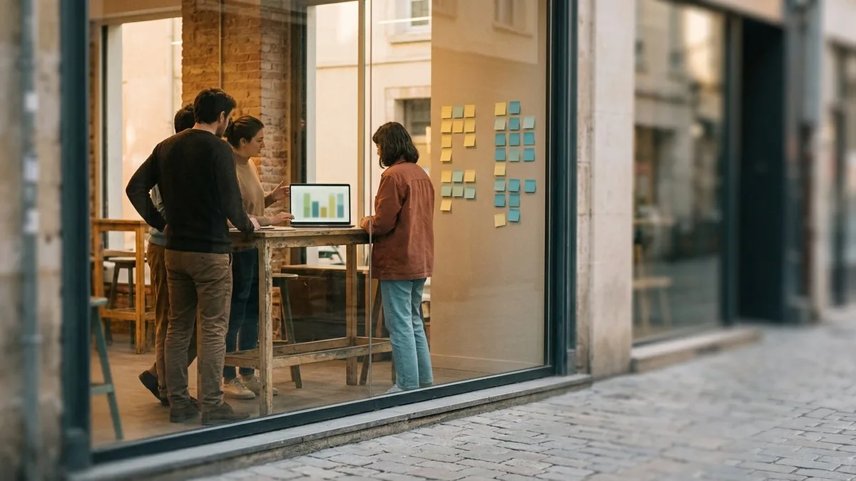 Un equipo planifica tareas con un portátil y notas adhesivas en blanco en un coworking, visto desde la calle.