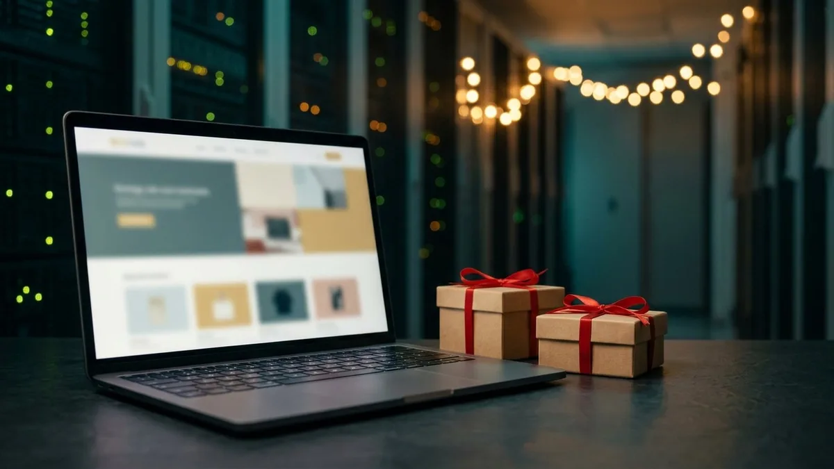 Laptop with a blurred website next to two kraft gift boxes with red ribbon in a server room, evoking black friday web