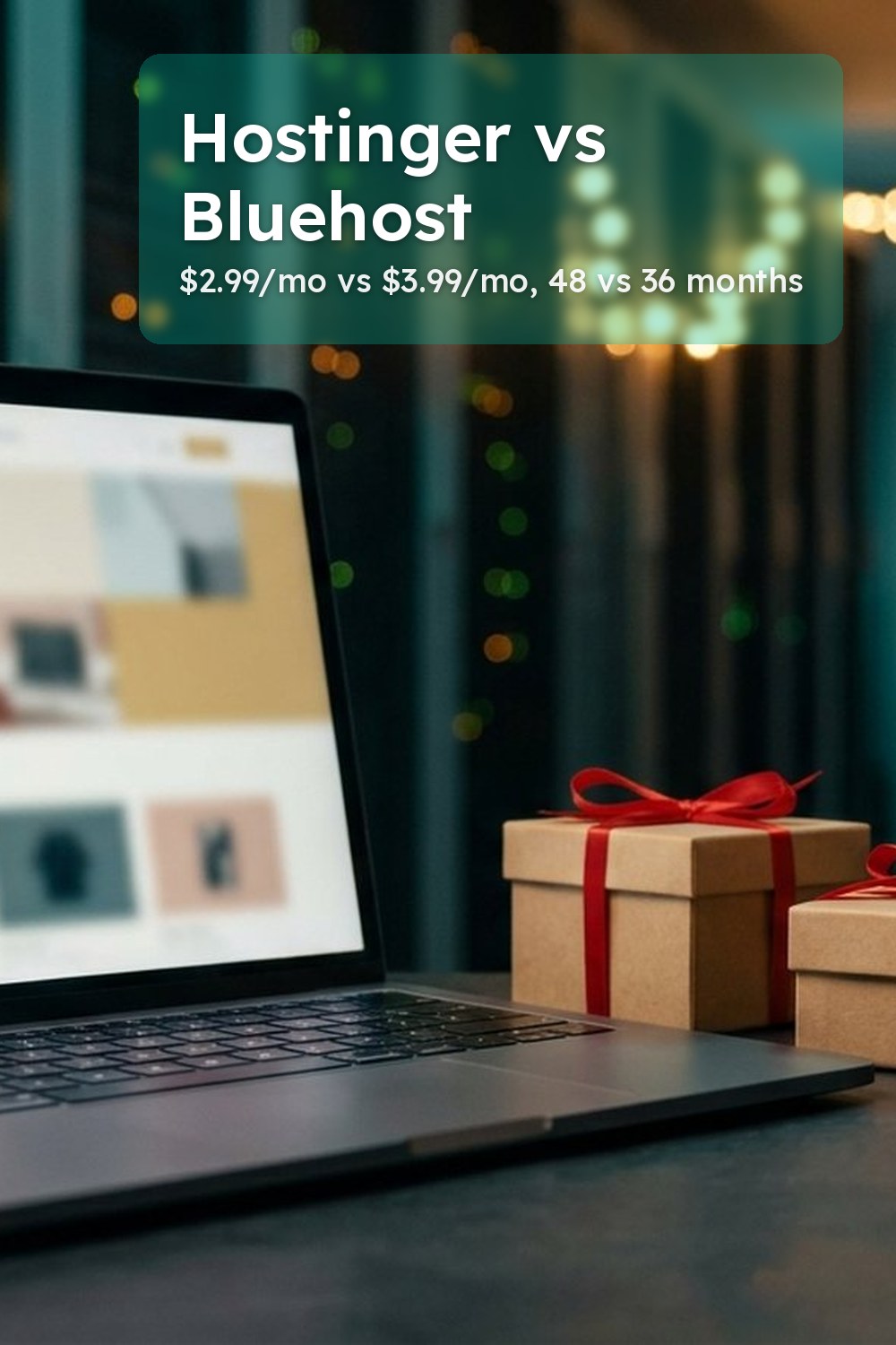 Laptop with a blurred website next to two kraft gift boxes with red ribbon in a server room, evoking black friday web