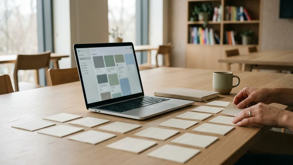 Hands sliding a blank note into place beside a laptop on an oak team table while comparing Notion pricing plans