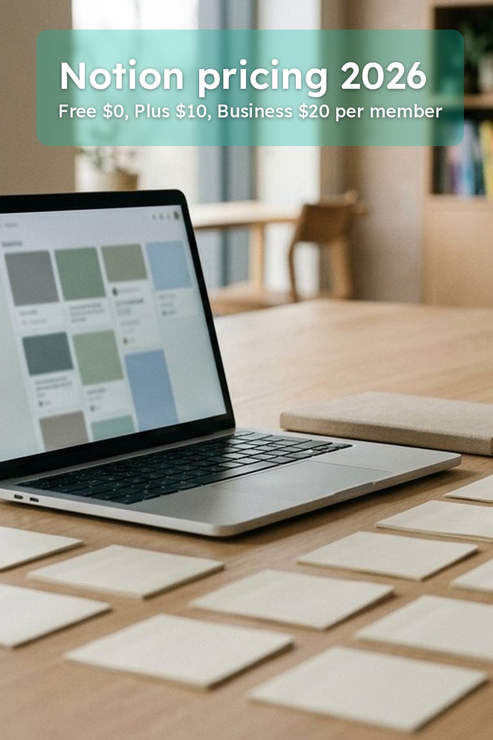 Hands sliding a blank note into place beside a laptop on an oak team table while comparing Notion pricing plans