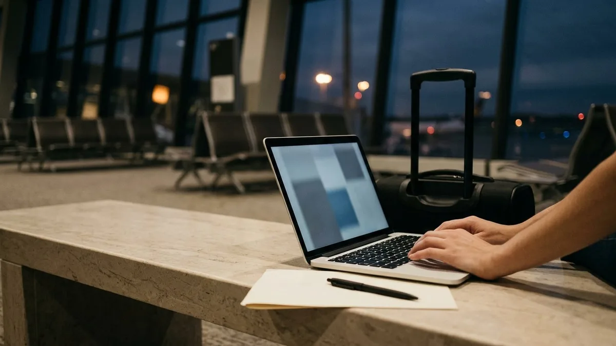 Laptop, blank paper and pen on a stone bench in a quiet airport hall while someone weighs an AirHelp review against claiming