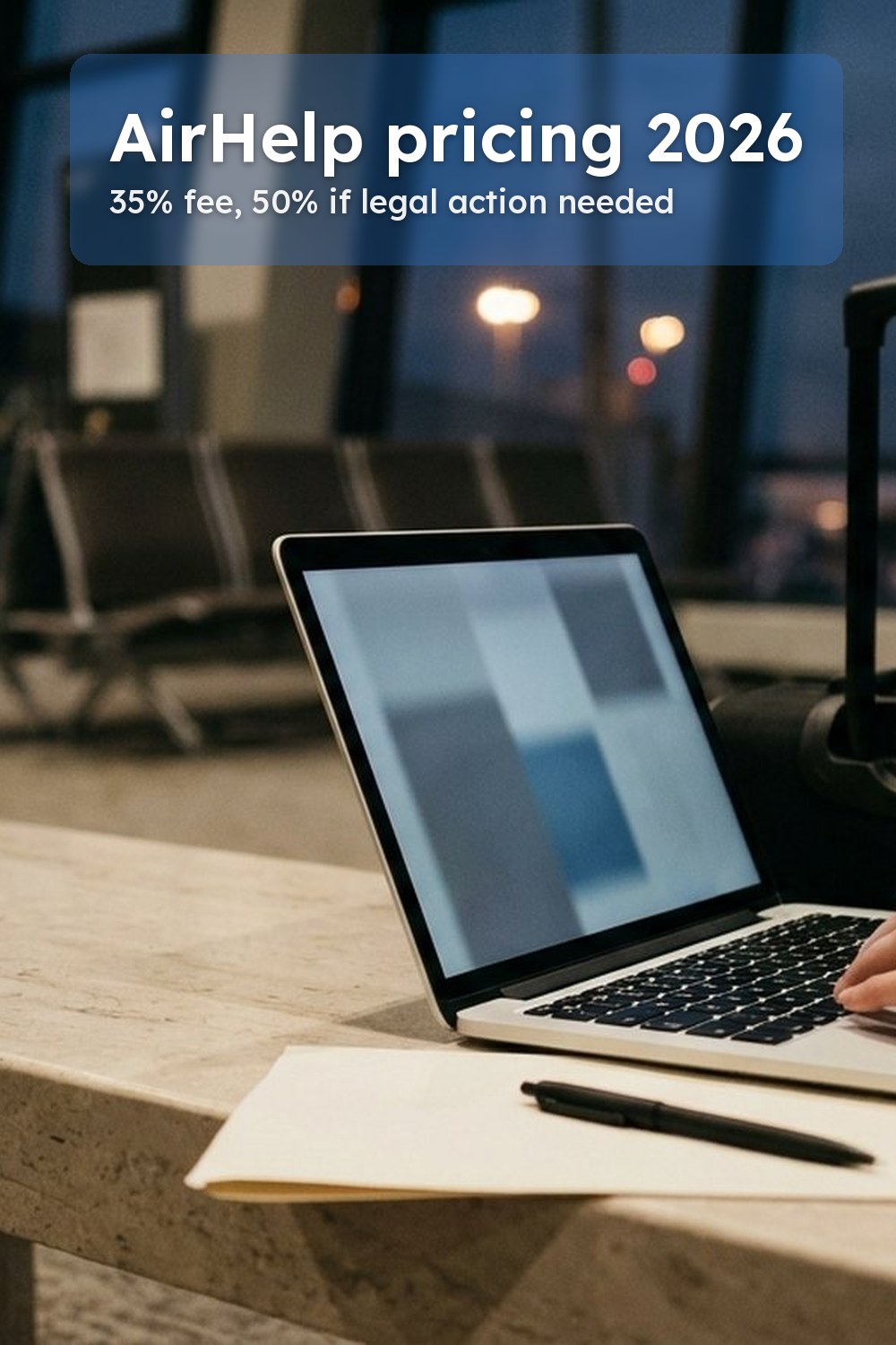 Laptop, blank paper and pen on a stone bench in a quiet airport hall while someone weighs an AirHelp review against claiming