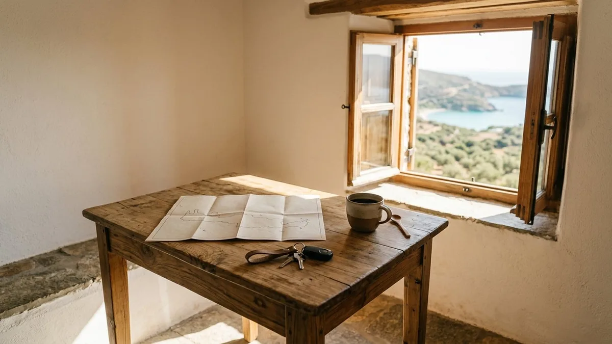 Sunlit table in a Cretan stone guesthouse with a folded map, car keys and a cup, olive groves and bay beyond, ahead of car