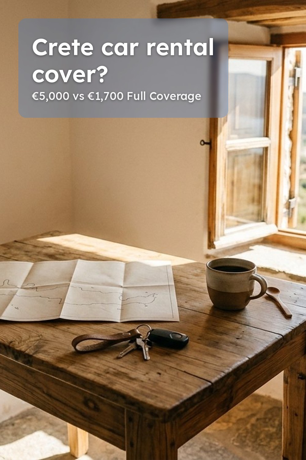 Sunlit table in a Cretan stone guesthouse with a folded map, car keys and a cup, olive groves and bay beyond, ahead of car